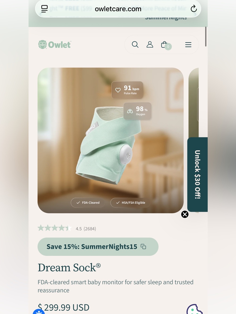 Owlet Dream Sock Smart Baby Monitor Sock in Mint